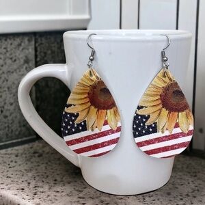 Faux Leather Tear Drop Dangle Sunflower Americana Earrings Patriotic